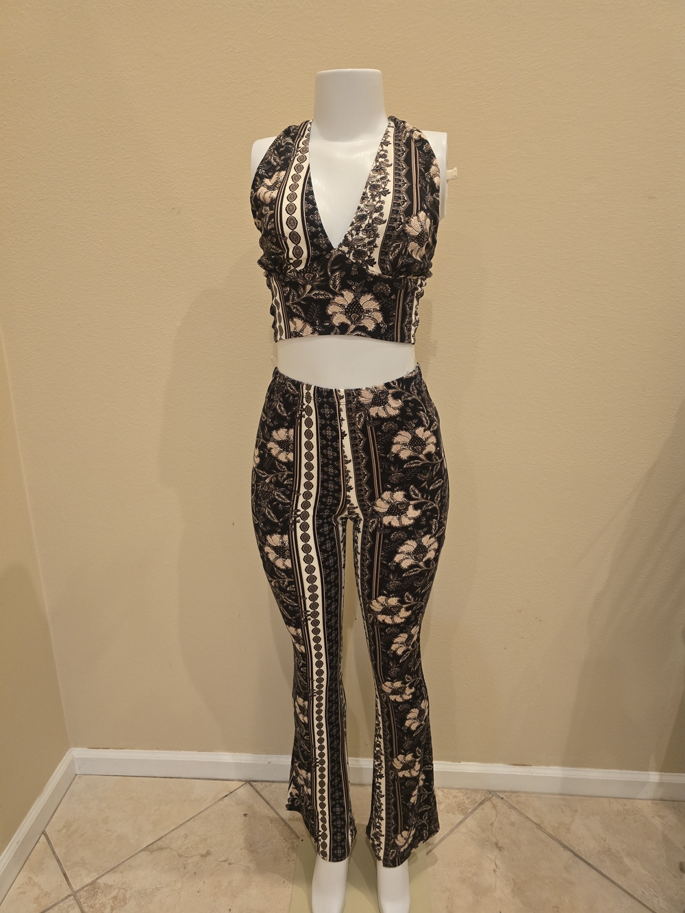 Floral Stripe Black and Cream Bootcut Set - Halter Crop Top & Flare Pants